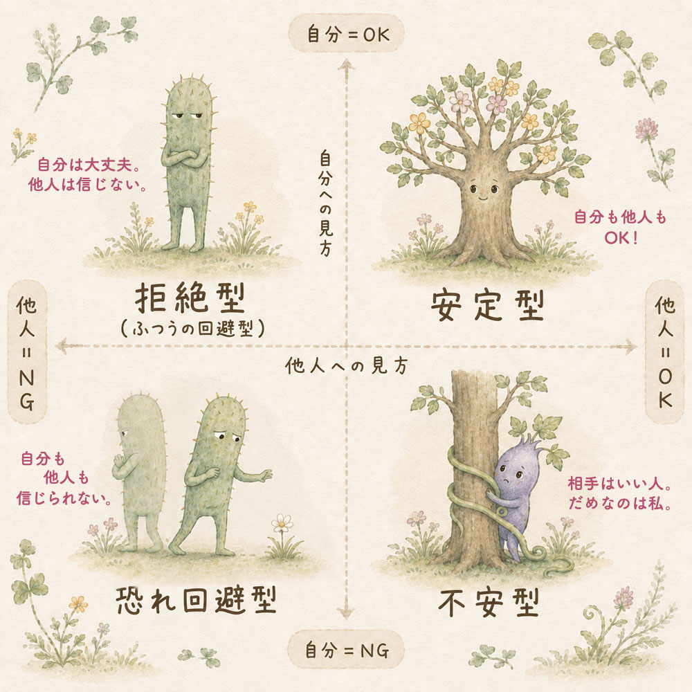 愛着スタイル4タイプの分類図（自分への見方×他人への見方の2軸とそれぞれのセリフ）